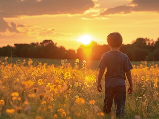 Fototapeta premium Young Boy Gazing Over Yellow Field at Sunset