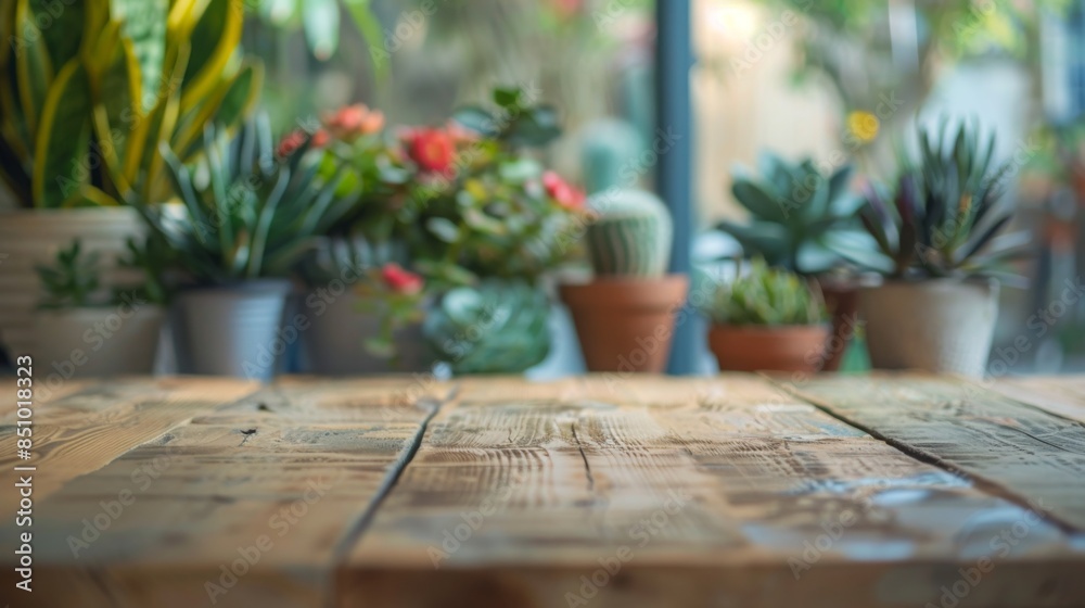 Poster a close-up shot of a wooden table top with a blurred background of potted plants. the image is perfe