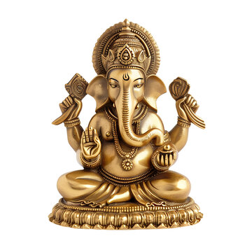 Ganesha golden figurine, religious Indian god elephant in pose meditation, isolated on transparent background. Traditional religion symbol in Buddhism