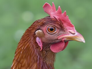 Close-up Photograph of a Single, Large-Eyed Chicken with Pink Comb