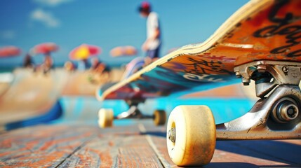 A close-up image of a skateboard focused on the wheels and deck with blurred background of a skatepark and a person