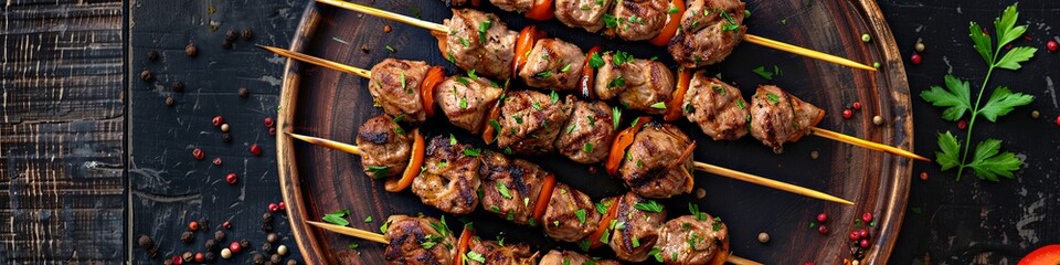 lamb kebab, lula kebab on skewers with spices on a wooden plate. Long banner format. view from above