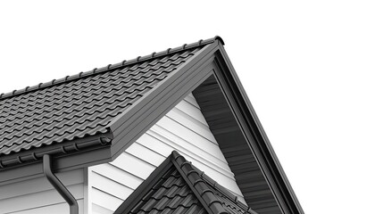 a house featuring black metal roof tiles with gable decoration, showcasing new modern architecture against an isolated background.