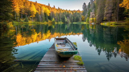 Obraz premium A small boat sits on a wooden dock extending into a calm forest lake, with the colors of autumn reflected in the water