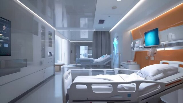 General plan of a modern hospital ward equipped with advanced technologies, smart beds, digital boards displaying patient information, touch monitors and automatic medication dispensers
