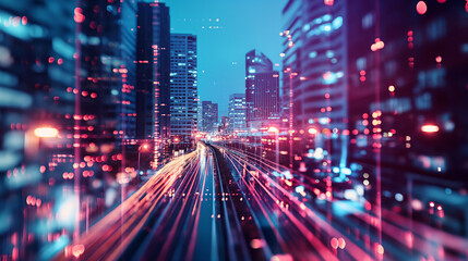 Fototapeta premium Cityscape with light trails from traffic rushing through at night