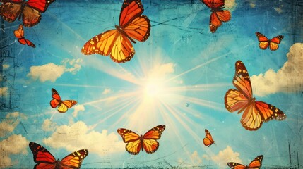A scenic display of bright orange butterflies soaring through a sky with sunbeams penetrating clouds