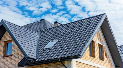 Fototapeta premium a house featuring black metal roof tiles with gable decoration, showcasing new modern architecture against an isolated background.