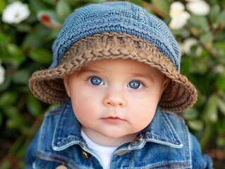 Adorable Baby with Blue Eyes in Denim Outfit