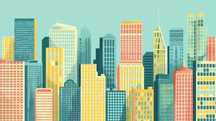 Obraz premium An artistic illustration of a vibrant city skyline with a variety of colorful buildings in a retro style