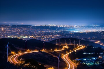 Fototapeta premium A Night Scene Of A City With Glowing Wind Turbines, Sustainable Environment, Sustainable Electricity, Electric Source, Green Wind Energy