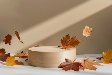 Empty round wooden podium with falling autumn leaves for product placement in sunlight