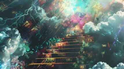 Glitched currency symbols cascading down surreal staircase with clouds and lightning