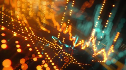 Abstract financial data with pulsating graphs and golden threads of light in art