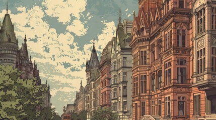 Fototapeta premium Detailed artwork showcasing a row of ornate, historic buildings with a clear blue sky and fluffy clouds in the background