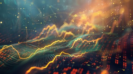 Fototapeta premium Pulsating graphs and charts interwoven with golden light threads in financial art