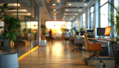Modern open-plan office space with natural light, greenery, and ergonomic furniture, creating a productive and inviting work environment.