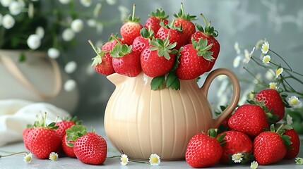   A vase brimming with strawberries sits beside a cluster of daisies