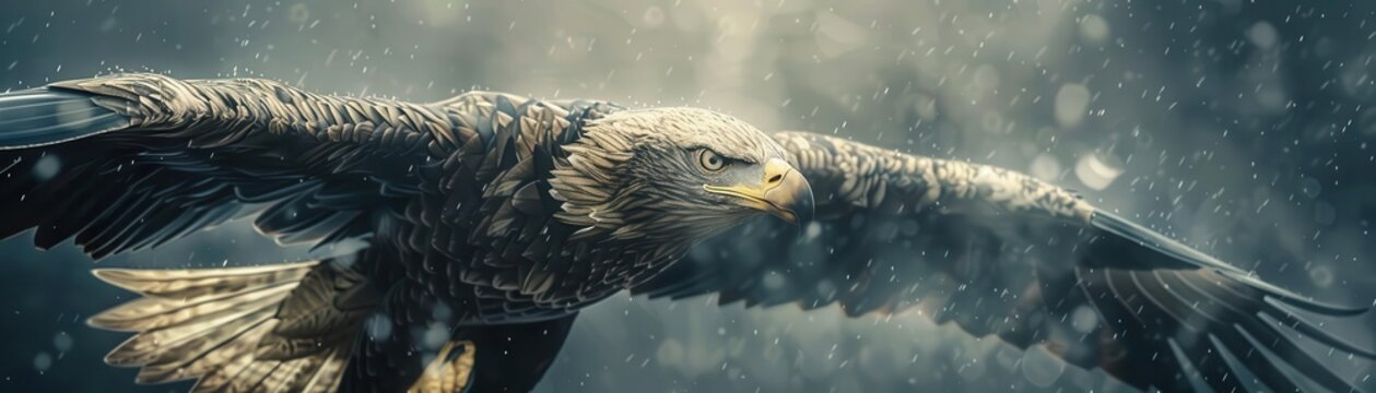 Majestic eagle in flight with wings spread wide against a misty, dramatic background. Stunning wildlife and nature photography.