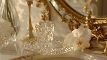 A crystal bottle of soap with a gold pump sits on an elegant glass tray in front of a mirror next to a white orchid flower, in a luxury bathroom, in a close-up shot with soft lighting.