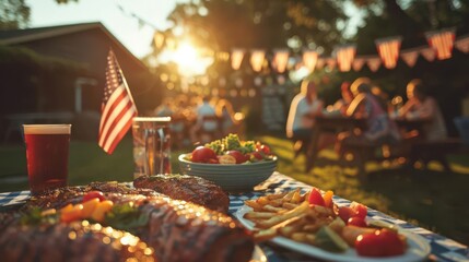 A summer backyard barbecue with friends, featuring grilled meats, fresh salad, and American flags, capturing the festive outdoor atmosphere.