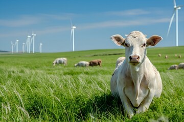 Obraz premium A Serene Landscape With Wind Turbines And Grazing Animals, Sustainable Environment, Sustainable Electricity, Electric Source, Green Wind Energy