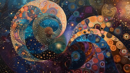 Prosperity dance of swirling organic and geometric forms beneath twinkling stars