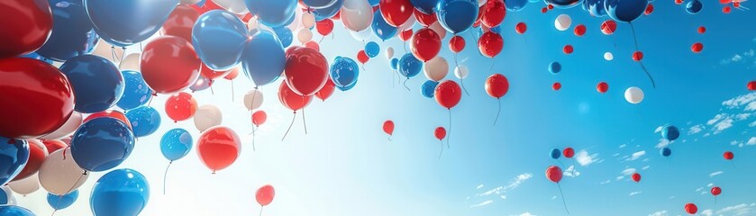 Vibrant red, blue, and white balloons floating in a clear blue sky on a sunny day, symbolizing celebration and freedom.