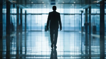 Fototapeta premium A backlit silhouette of a man in a suit walking confidently through a modern building's corridor with reflective floor