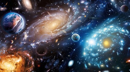 Cosmic panorama with swirling galaxies and star clusters forming currency patterns