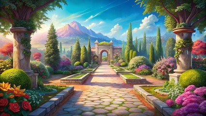 Fototapeta premium An exquisite realistic illustration serving as a background image of a luxurious walking path in a beautiful garden in a Mediterranean country.