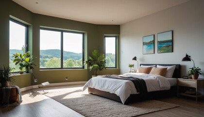 A serene hotel room with a neutral color palette against an empty wall, providing a calming atmosphere for relaxation and rejuvenation, Generative AI