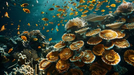 Shimmering fish glide among coral reefs adorned with ancient coin patterns