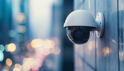 A close-up shot of an outdoor security camera on the side of a modern building, with city lights blurred in the background.