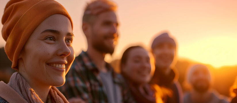 Close-up portrait of a smiling cancer survivor wearing a beanie, surrounded by friends in the warm light of sunset, symbolizing 