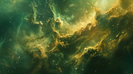 Fototapeta premium Swirling nebulae and cosmic dust in green and gold symbolizing infinite financial ventures