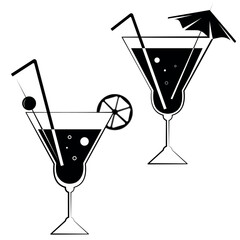 Black and white illustration of cocktails. Cosmopolitan, sex on the beach, blue lagoon, tequila sunrise, margarita, mojito, mai tai, black Russian