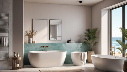 Coastal Breeze: Bathroom with a Bare Wall and Light Colors, Generative AI