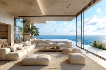 Modern coastal living room with panoramic ocean views and relaxed furnishings