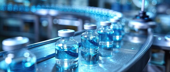 Close-up view of vials on a pharmaceutical production line - Powered by Adobe