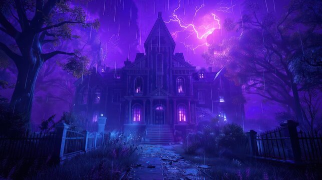 A spooky gothic mansion against a backdrop of purple night sky with lightning, evoking mystery and horror