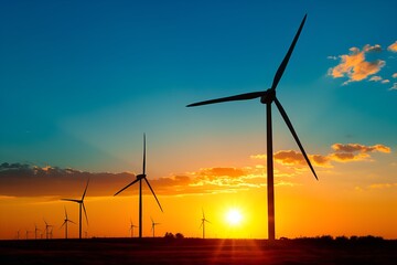 Obraz premium A Wind Farm At Sunset With Turbines Silhouetted Against The Sky, Sustainable Environment, Sustainable Electricity, Electric Source, Green Wind Energy