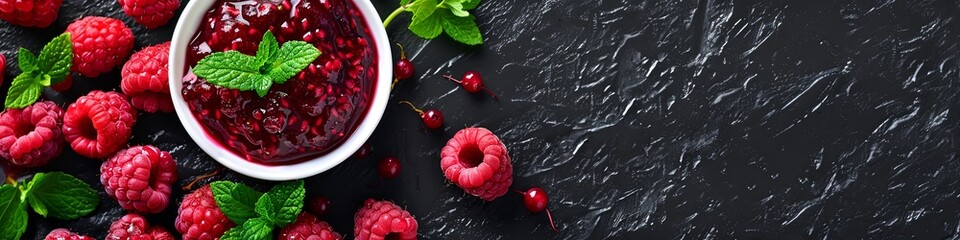 raspberry jam marmalade with fresh raspberries and mint. Organic raspberries. Red berry. banner, menu, place for text, top view