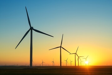 A Wind Farm At Sunset With Turbines Silhouetted Against The Sky, Sustainable Environment, Sustainable Electricity, Electric Source, Green Wind Energy