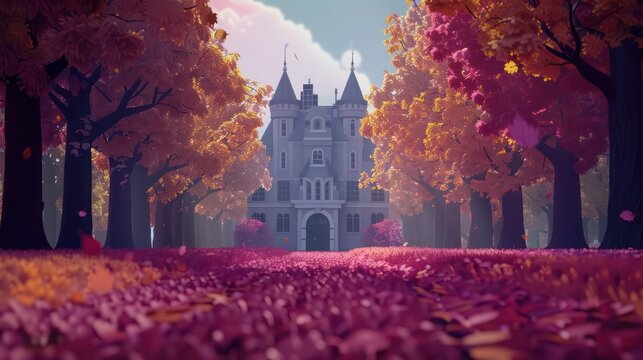 A rendered scene featuring a charming fairytale castle at the end of a tree-lined path with leaves, evoking whimsy