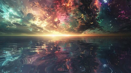 Obraz premium Galaxies merge in a cosmic ballet reflecting on the surface of an alien sea