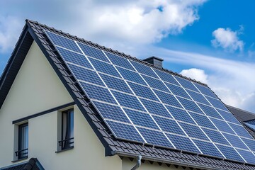 Naklejka premium Solar Panels Installed On A Modern Home Under Clear Blue Sunny Sky, Solar Photography, Solar Powered Clean Energy, Sustainable Resources, Electricity Source