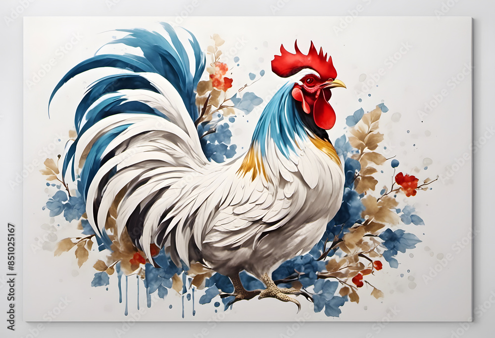 Wall mural A vibrant illustration of a rooster with a white body, blue tail feathers, and a red comb, standing on a branch with a floral background. National Chicken Month.