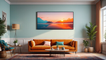 Retro Haven: Relaxation Room with an Empty Wall and Classic Accents, Generative AI