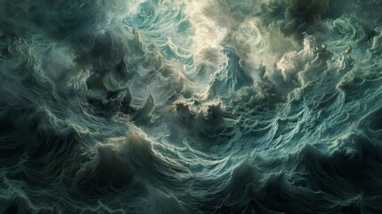 Fototapeta premium Stormy sea with swirling clouds and turbulent waves crashing against unseen shores